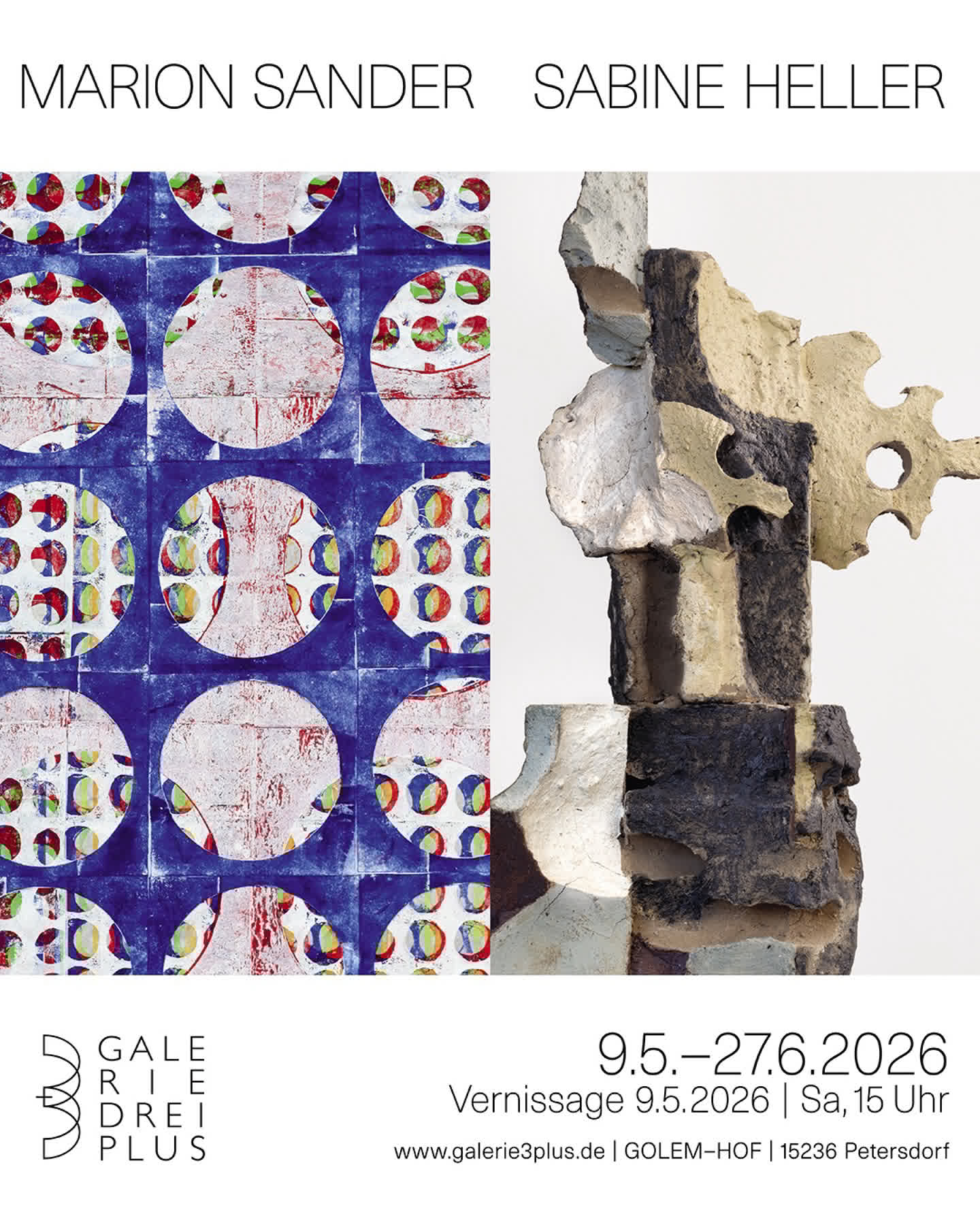 Marion Sander | Sabine Heller |  9. Mai - 27. Juni 2026 |  Collagen | Plastiken |  Mit dieser neuen Ausstellung, bringen wir zwei Künstlerinnen zusammen, deren Laufbahn Ende der 1970er Jahre an der Kunsthochschule Berlin-Weißensee beginnt.
Seit den frühen 1980er Jahren arbeiten beide Frauen kontinuierlich freischaffend. Aufgewachsen und Kunst studiert in der DDR, kaum exmatrikuliert werden beide 1989/90 in die Deutsche Wiedervereinigung katapultiert. Zeit für neue Kunst? Andere Kunst? Mehr Möglichkeiten?
Eine Zeit, die beide Künstlerinnen mit viel Mut, Kraft und Arbeit füllen.
Sie experimentieren und entwickeln sich, unabhängig und frei voneinander.
Bis heute sind sie freunDschaftlich und vor allem fachlich im Austausch verbunden. #kunst #kunstinbrandenburg #kunstgalerie #galerie3plus #sabineheller #marionsander